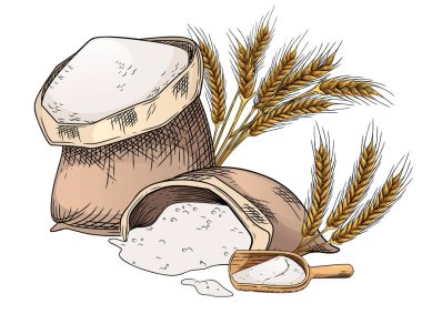 Beyaz zemin üzerinde kürek vektör çizimi olan un paketinin taslağını çiz.