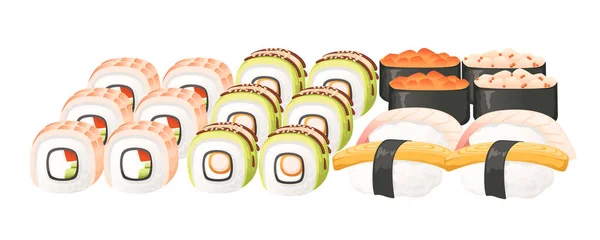 Set Sushi Roll Élelmiszer Szállítási Szolgáltatás Menü Vektor Illusztráció Fehér — Stock Vector