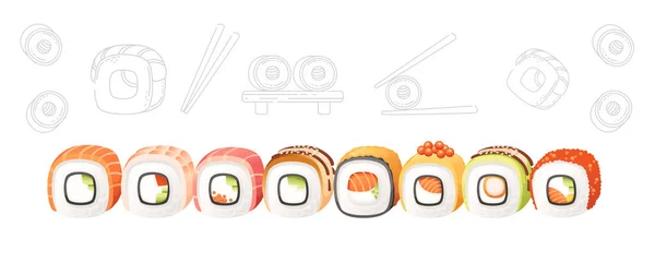 Set Sushi Roll Cibo Consegna Menu Vettoriale Illustrazione Sfondo Bianco — Vettoriale Stock