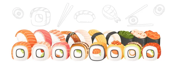 Uppsättning Sushi Roll Mat Leverans Service Meny Vektor Illustration Vit — Stock vektor