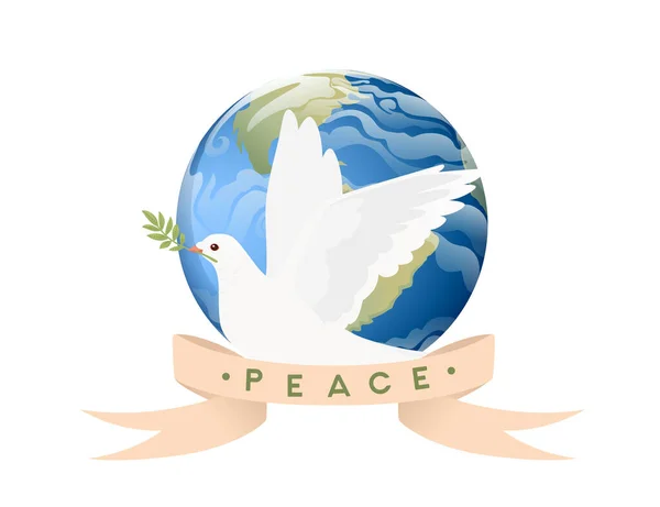 白い鳩の鳥と惑星地球ベクトルのイラストと国際平和デーのサイン — ストックベクタ