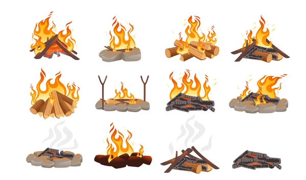 Σύνολο Πυρκαϊάς Καύση Ξύλου Και Απεικόνιση Φορέα Φλόγας Που Απομονώνεται — Διανυσματικό Αρχείο
