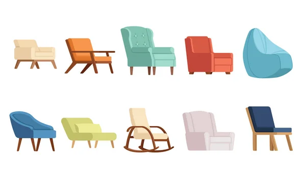 Set Aus Modernem Holz Bequemen Sessel Vektor Illustration Isoliert Auf — Stockvektor