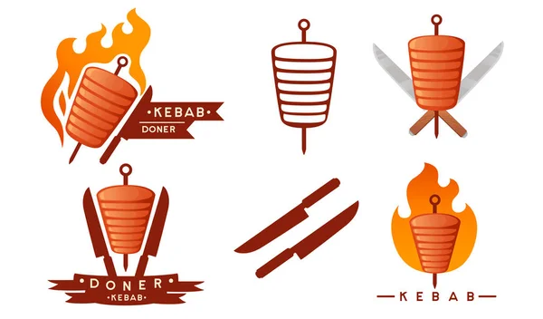 Set Van Kebab Grill Vlees Met Spies Messen Logo Ontwerp — Stockvector