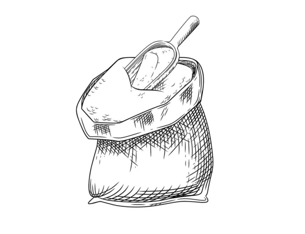 Outline Sketch Bag Flour Shovel Vector Illustration White Background — Stock Vector