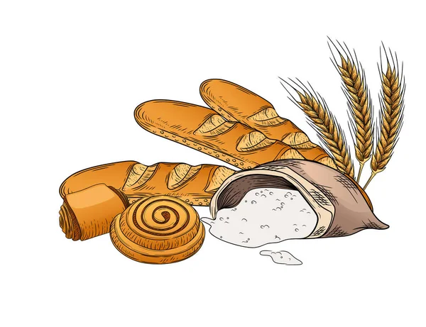 Περίγραμμα Σκίτσο Του Φρέσκου Νόστιμο Λευκό Ψωμί Και Ψωμάκια Τσάντα — Διανυσματικό Αρχείο