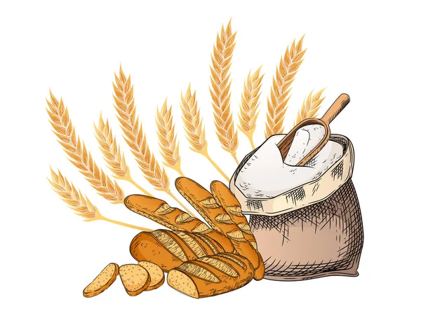 Περίγραμμα Σκίτσο Του Φρέσκου Νόστιμο Λευκό Ψωμί Τσάντα Από Αλεύρι — Διανυσματικό Αρχείο