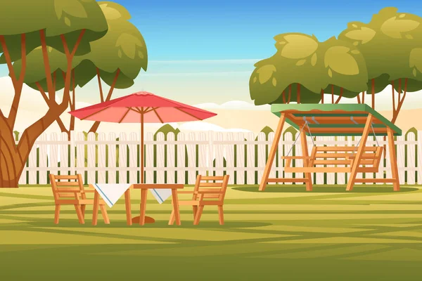 Backyard Ξύλινο Φράχτη Φράχτη Και Καρέκλα Τραπέζια Ηλιόλουστο Καλοκαιρινό Ουρανό — Διανυσματικό Αρχείο