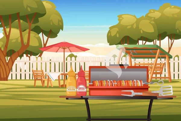 带有木制篱笆的后院落和带有桌子的椅子 背景向量图上的烤烤阳光明媚的夏日天空 — 图库矢量图片