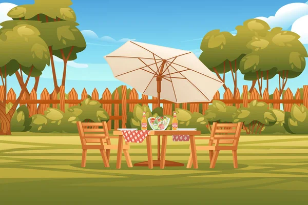 带有木制篱笆的后院落和有桌子的椅子 阳光明媚的夏日天空背景矢量图解 — 图库矢量图片