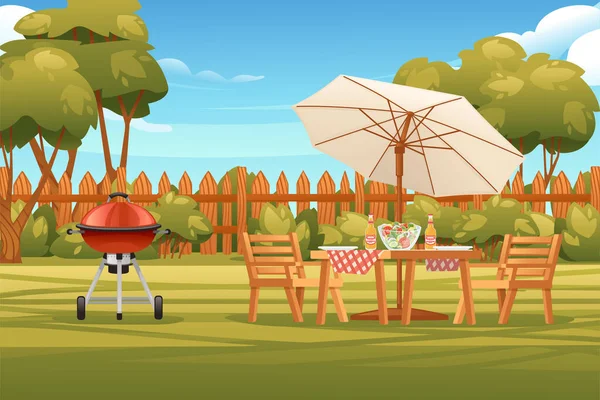 带有木制篱笆的后院落和带有桌子的椅子 背景向量图上的烤烤阳光明媚的夏日天空 — 图库矢量图片