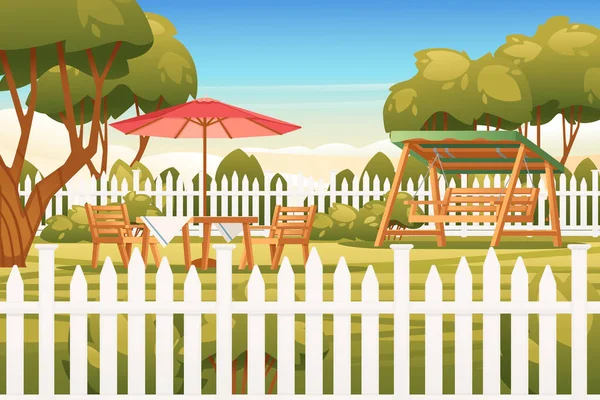 Backyard Wooden Fence Hedge Chair Tables Sunny Summer Sky Background — Stock Vector