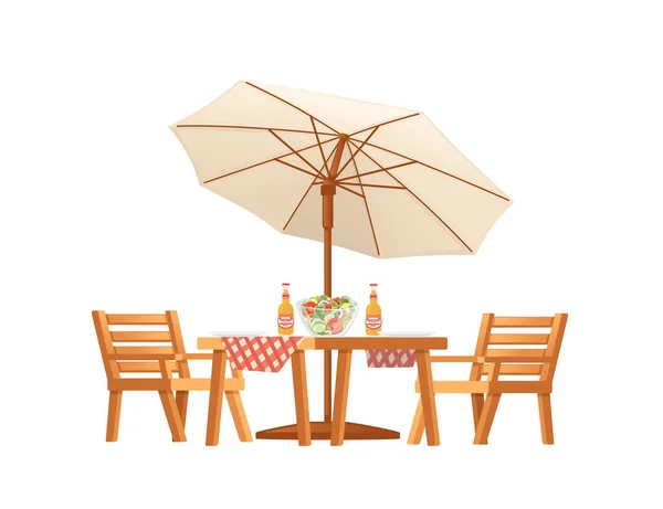 Tisch Mit Stühlen Und Sonnenschirm Für Terrassenpark Oder Café Vektorillustration — Stockvektor