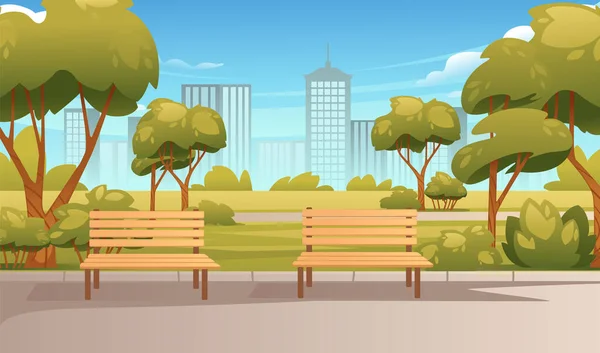 Primavera Verão Parque Paisagem Com Árvores Bancos Cidade Moderna Fundo — Vetor de Stock