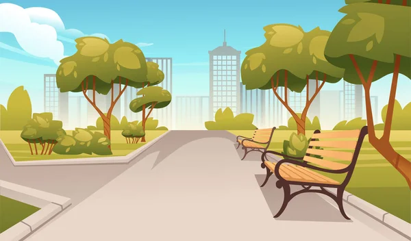 Primavera Verão Parque Paisagem Com Árvores Bancos Cidade Moderna Fundo — Vetor de Stock
