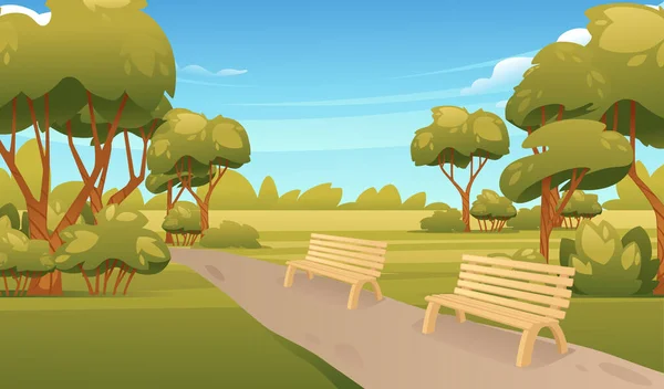 Пейзаж Весеннего Летнего Парка Скамейками Деревьев Солнечно Голубым Вектором Неба — стоковый вектор