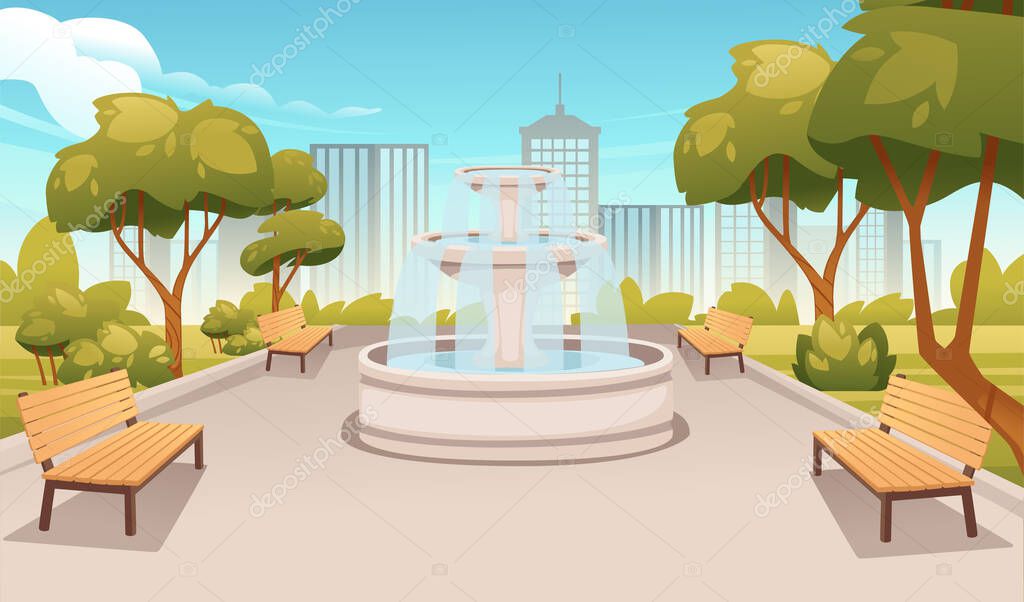 Spring or summer park landscape with trees fountain benches and modern city on background vector illustration.