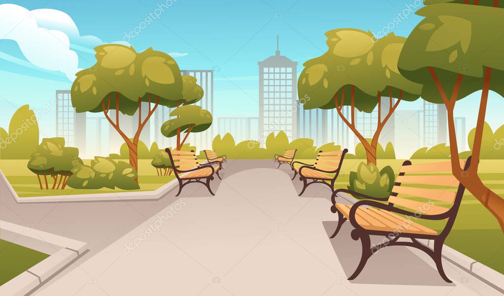 Spring or summer park landscape with trees benches and modern city on background vector illustration.