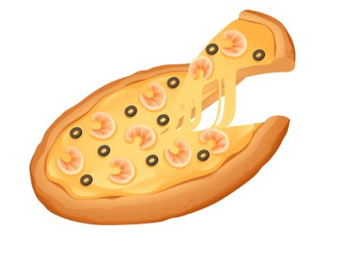 Beyaz arka planda izole edilmiş vektör çizimi için peynirli karides ve zeytin tasarımlı lezzetli taze pizza..