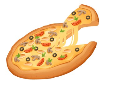 Beyaz arka planda izole edilmiş menü vektörü illüstrasyonu için peynirli, domates mantarlı ve otlu taze pizza..