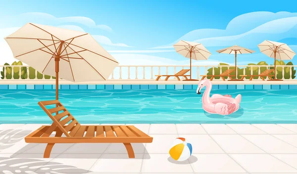 Piscina Hotel Resort Livre Espreguiçadeira Madeira Guarda Chuva Inflável Flamingo — Vetor de Stock
