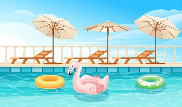 Hotel Swimming Pool Resort Outdoor Wooden Lounger Umbrella Inflatable Flamingo — Stock Vector