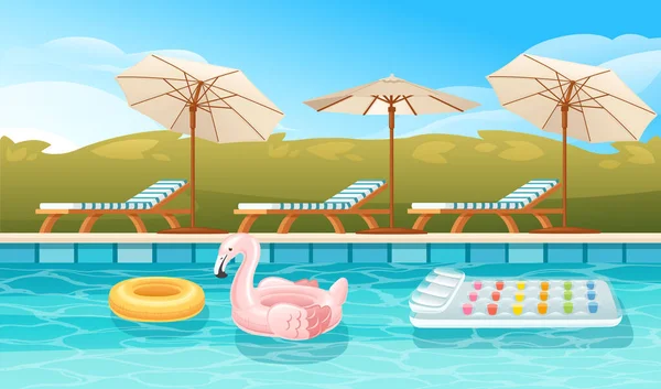 Hotel Swimming Pool Resort Outdoor Wooden Lounger Umbrella Inflatable Flamingo — Stock Vector