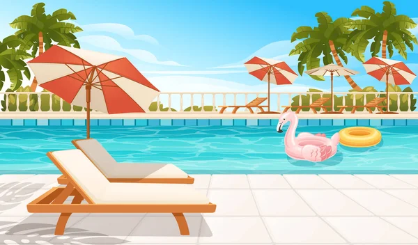 Piscina Hotel Resort Livre Espreguiçadeira Madeira Guarda Chuva Inflável Flamingo — Vetor de Stock