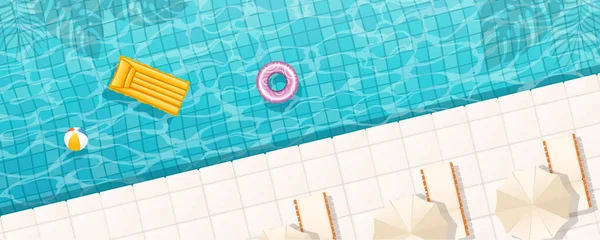 swimming pool top view background. water ring umbrella lounger