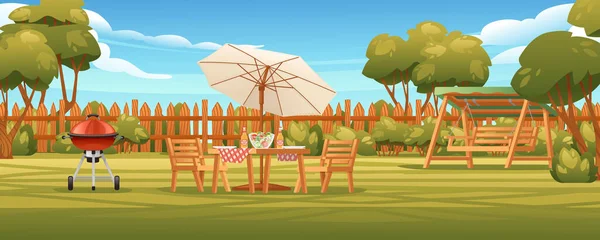 Cour Arrière Avec Haie Clôture Bois Chaise Avec Tables Barbecue — Image vectorielle