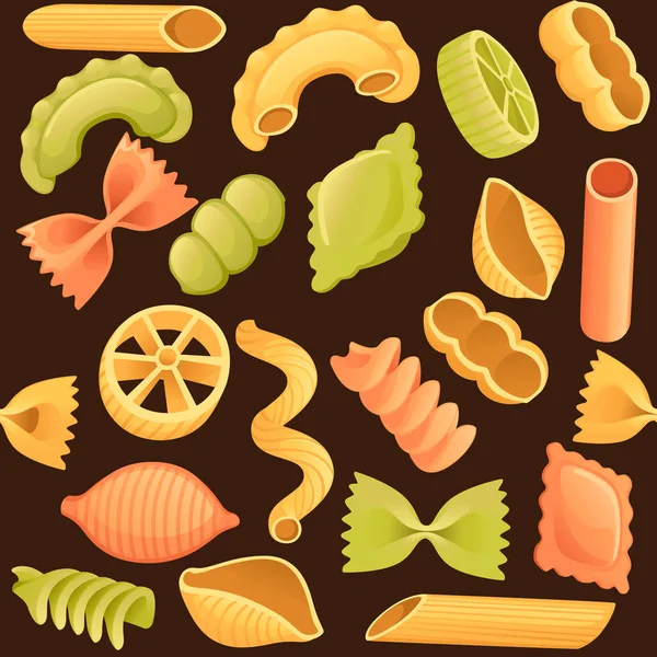 Different Types Pasta Seamless Pattern Vector Illustration Dark Background — Stock Vector