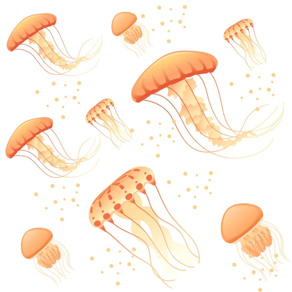 Patrón Inconsútil Con Ilustración Vector Medusas Naranja Sobre Fondo Blanco — Archivo Imágenes Vectoriales