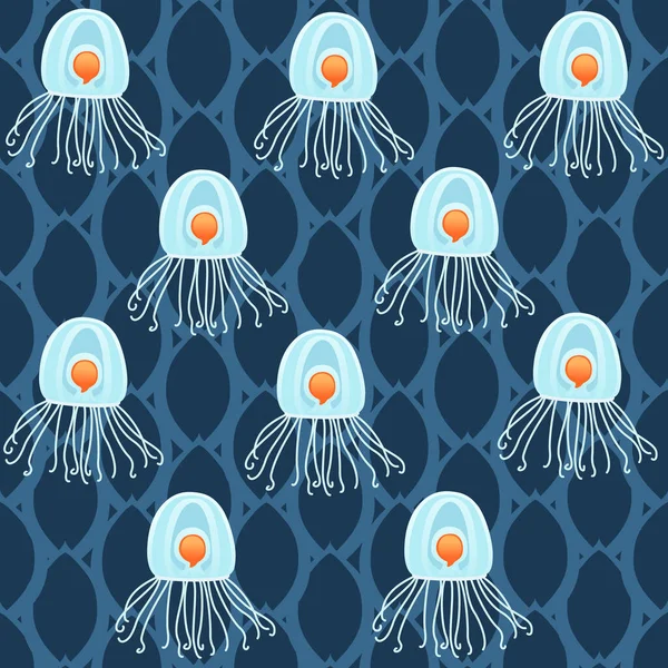 Seamless Pattern Orange Jellyfish Vector Illustration Blue Background — Stock Vector