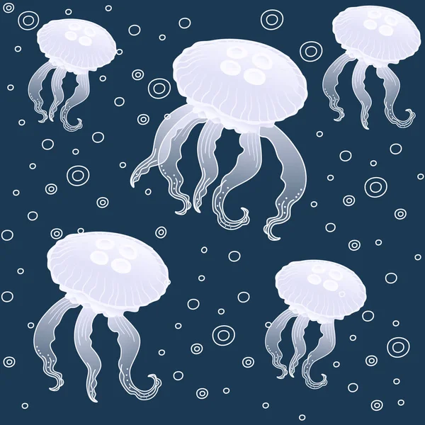 Seamless Pattern White Jellyfish Vector Illustration Blue Background — Stock Vector