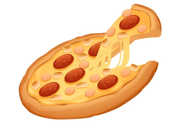带有奶酪腊肠的鲜味披萨和在白色背景上隔离的菜单向量图的肉类设计 — 图库矢量图片
