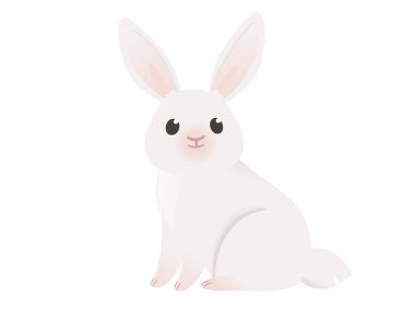 Yerde oturan sevimli beyaz tavşan beyaz arka planda izole edilmiş hayvan tasarımı vektör çizimi.