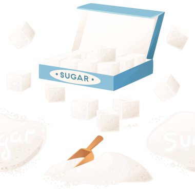 Kusursuz desenli beyaz şeker küpleri beyaz arkaplanda karton kutu vektör çizimi.