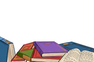 Beyaz arkaplan üzerinde sert kapaklı vektör çizimi olan büyük bir yığın kitap.