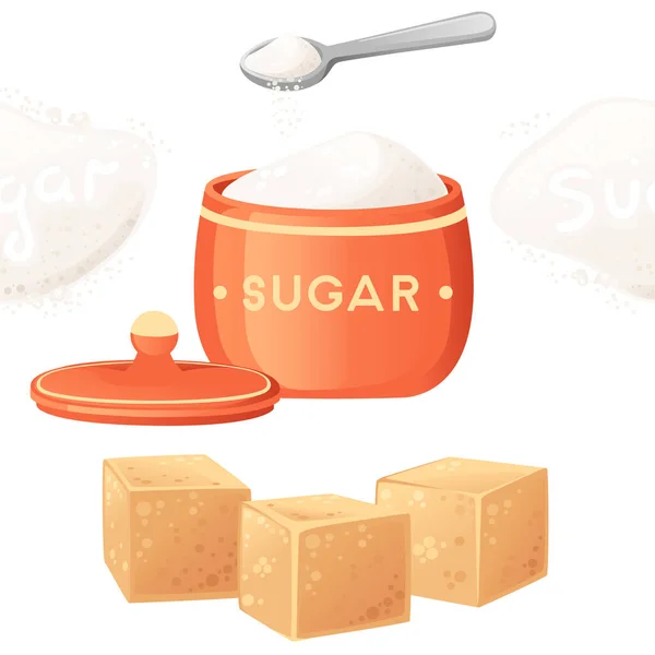 Seamless Pattern Brown Cube Granulated Sugar Red Sugar Bowl Spoon — Stock Vector