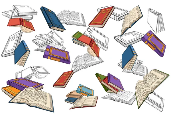Different Books Falling Top Vector Illustration White Background — Stock Vector