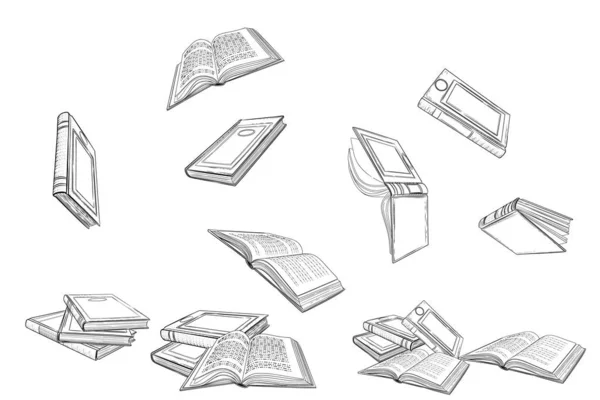 Verschillende Boeken Vallen Van Bovenste Schets Ontwerp Vector Illustratie Witte — Stockvector