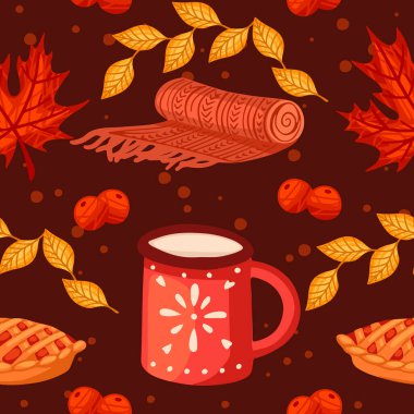 Kırmızı kupa eşarplı sonbahar temalı pürüzsüz desen ve vektör illüstrasyonunu bırakır.