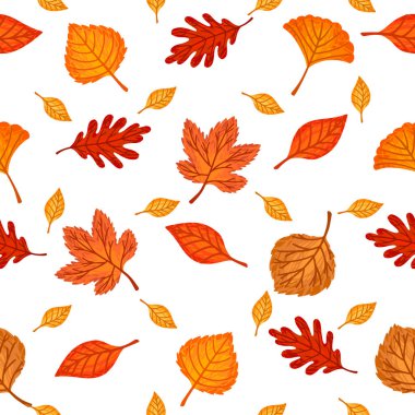 Renkli sonbaharın kusursuz deseni beyaz arkaplanda vektör çizimi yapar.