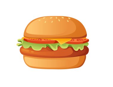 Fast Food klasik hamburgeri. Beyaz zemin üzerinde marul ve domates vektör çizimi var..