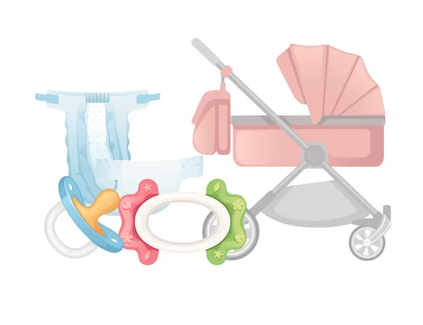 Conjunto Artículos Para Cuidado Del Bebé Pañal Carro Juguetes Ilustración — Archivo Imágenes Vectoriales