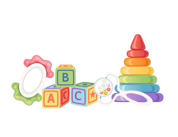 Set Von Babyspielzeug Pyramide Beißarmband Und Abc Blöcke Vektor Illustration — Stockvektor