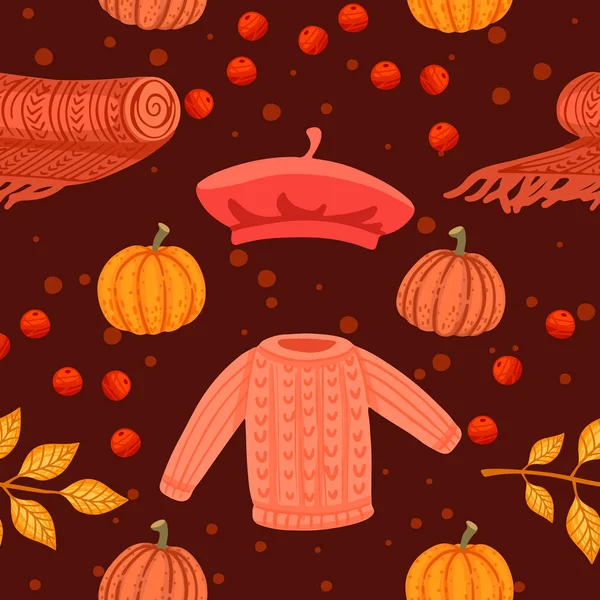 秋のテーマシームレスパターンでセーターカボチャの帽子と葉ベクトルイラスト — ストックベクタ
