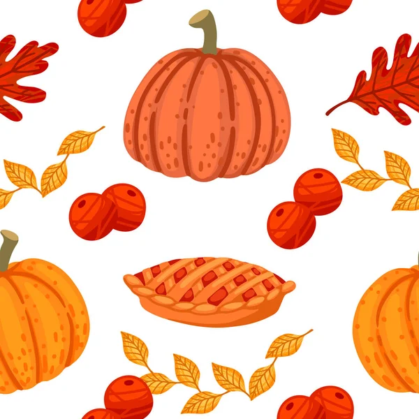 秋のテーマシームレスなパターンでカボチャのパイと葉ベクトルイラスト — ストックベクタ