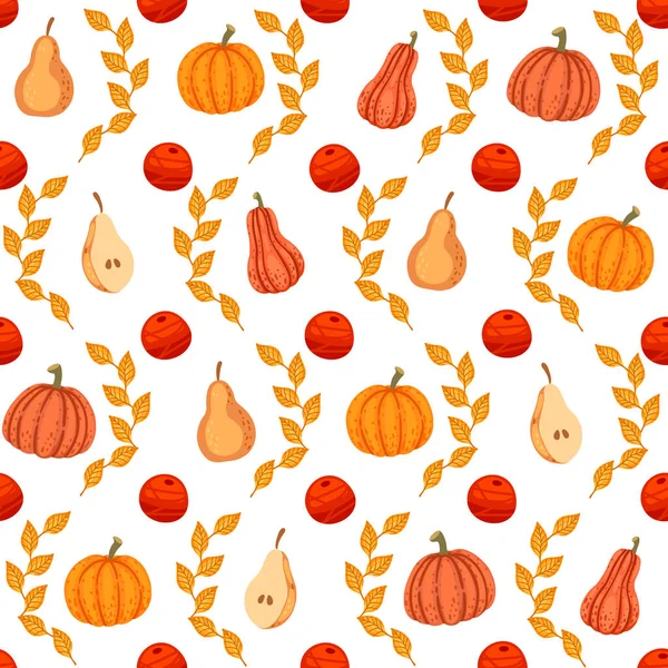 カボチャの梨と葉のベクトルイラストと秋のテーマシームレスパターン — ストックベクタ