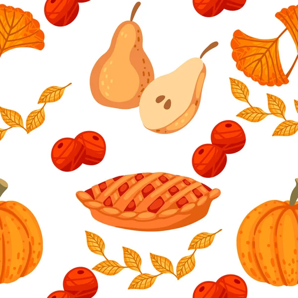 秋のテーマシームレスパターンでカボチャのパイ梨と葉ベクトルイラスト — ストックベクタ